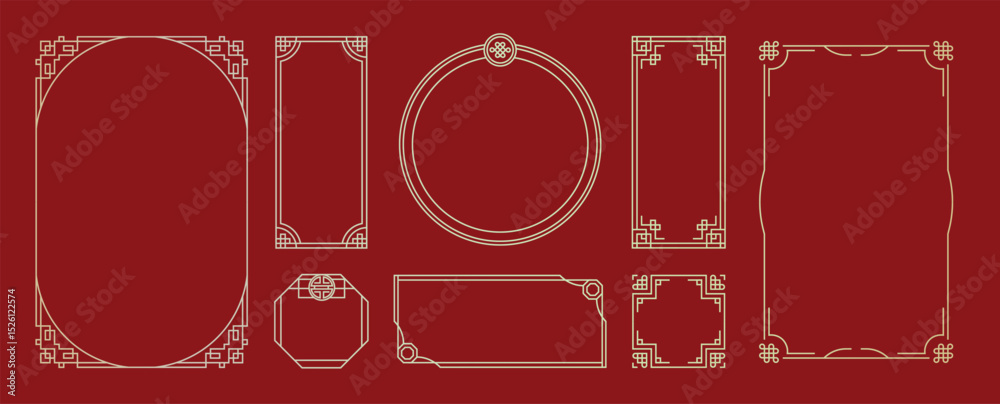 Poster chinese frame corner ornament vector set. decorative elements with line, corner, borders, frames, he