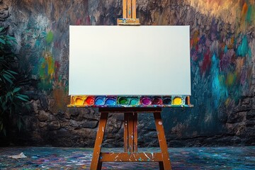 Empty canvas on easel against a vibrant painted backdrop.