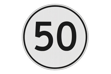 Round speed limit road sign indicating maximum speed of fifty kilometers or miles per hour with transparent background