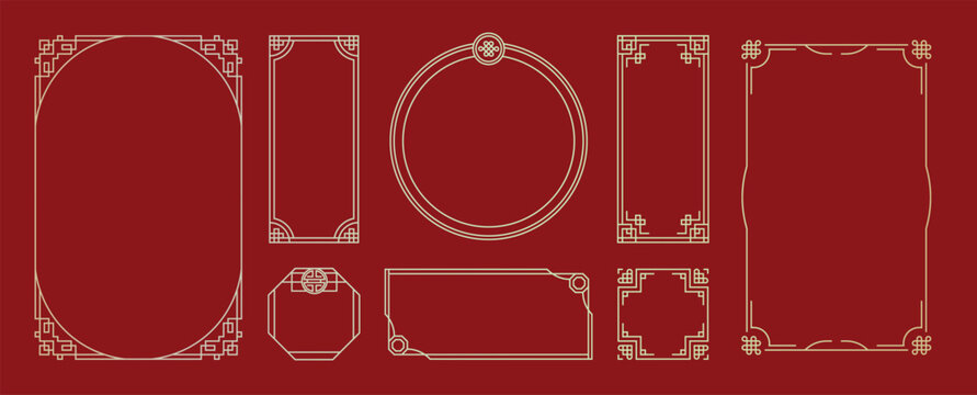 Chinese frame corner ornament vector set. Decorative elements with line, corner, borders, frames, headers. Illustration of elegant design suitable for card, invitation, poster, cover.