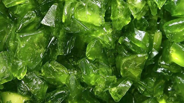 Close-up of vibrant green, translucent, gelatinous cubes.  A glistening, textured food background
