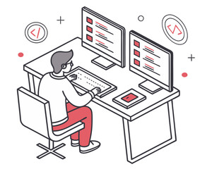 vector of a programmer sitting at desk with dual monitors, coding symbols around, clean style on white background

