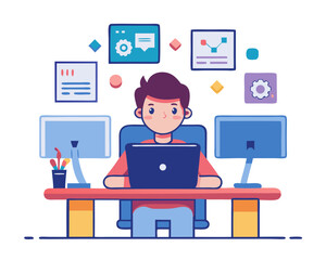 vector of a programmer sitting at desk with dual monitors, coding symbols around, clean style on white background
