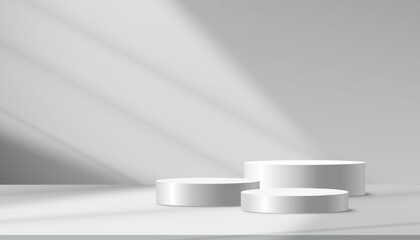 White Background,Light,Shadow on 3d Grey Round Podium Background,Abstract minimalist display pedestal platform with white wall interior studio,Vector stage mockup for cosmetic product