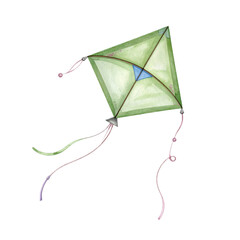 Kite with ribbons watercolor illustration. Hand drawn illustration of toy for baby flying high in the air on isolated background.