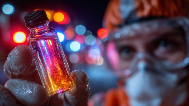 Nighttime Sample Analysis: A scientist in protective gear holds a vial of iridescent liquid against a backdrop of blurred city lights.
