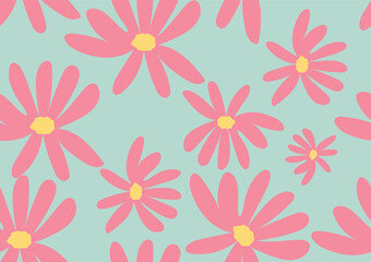 Hand-drawn pink flowers on a blue background. Seamless pattern is floral for clothing, fabric, wallpaper, backdrop, home decoration, cover book, and wall art. Vintage style.