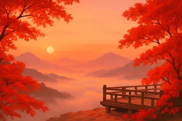 Selbstklebende Fototapeten Beautiful autumn landscape wallpaper with red maple leaves and mountain  © Tromistudio 