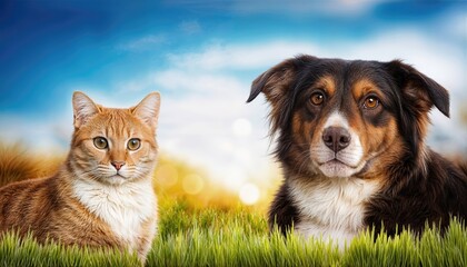 Dog and Cat frolicking amidst lush greenery as the sky darkens with foreboding clouds, capturing the playful yet melancholic mood of twilight.