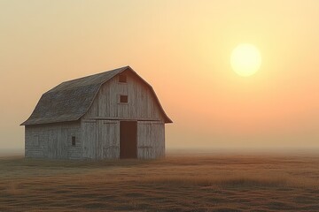 A peaceful, rustic barn at dawn in a foggy field.