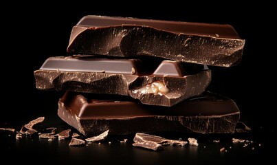 Dark chocolate pieces, caramel filling, close-up, black background, food photography