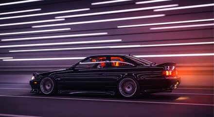 Obraz premium Sleek Black Car in a Neon Tunnel