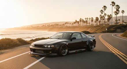 Sleek Black Sports Car on Coastal Road with Palm Trees at Sunset