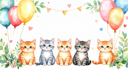 Fototapeta premium Party Cats: Adorable kittens gather joyfully, surrounded by colorful balloons and festive decorations, celebrating with an infectious spirit of happiness and playful delight.