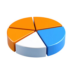 Obraz premium 3D pie chart with six segments in orange, blue, and white on a light blue background, representing data distribution in a clean, modern style
