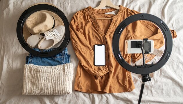 A flat lay of a fashion outfit and accessories on a linen bedspread, filmed by a phone with a ring light. A concept for a fashion blogger, influencer, and content creation.

