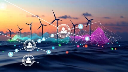 Wind turbines at sunset over water with digital network overlays - Powered by Adobe