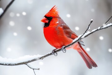 Bright red cardinal bird perched elegantly on a snowy branch against a soft white backdrop during winter's peaceful moments in a serene forest setting