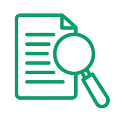 Green line icon of a document with horizontal lines and a magnifying glass overlapping the right side, symbolizing search or review of text content