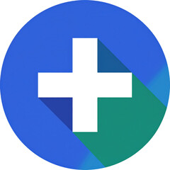 Obraz premium Blue circular icon featuring a white medical cross with a long shadow effect extending diagonally, symbolizing health, first aid, or medical assistance