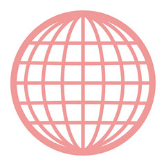 Stylized pink globe icon with grid lines representing latitude and longitude on a white background, symbolizing global connectivity and international reach