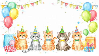 Obraz premium Party Cats: A cheerful gathering of adorable cats celebrates with party hats, colorful balloons, and gift-wrapped presents, evoking a feeling of festive cheer.