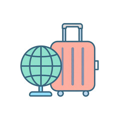 Obraz premium Illustration of a globe and a rolling suitcase representing travel, exploration, and global tourism, with a simple and modern design on a white background