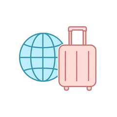 Obraz premium Blue globe icon next to a pink rolling suitcase, symbolizing global travel and tourism on a white background