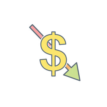 Yellow dollar sign with a green downward arrow behind it, symbolizing a decrease in value or financial decline on a white background