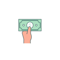 Hand holding a green dollar bill with a dollar sign in the center, symbolizing money, payment, or financial transaction with a simple flat design