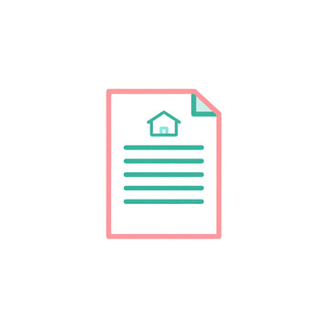 Minimalist icon of a document with a house symbol and text lines, outlined in pink and teal, on a white background representing real estate or property paperwork