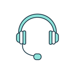 Minimalist illustration of a turquoise headset with a microphone, symbolizing communication and customer support on a white background