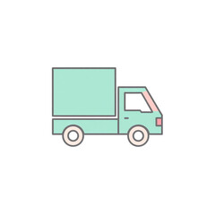 Simple flat design illustration of a small green delivery truck with two wheels and a box cargo area on a white background