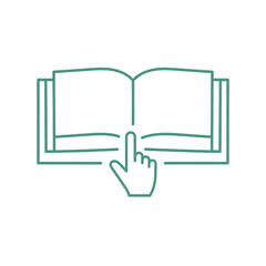 Outline of an open book with a hand icon pointing to the middle, symbolizing reading or selecting text from a book in a minimalistic line art style