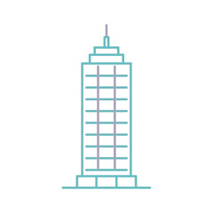 Minimalist line drawing of a tall, multi-story skyscraper with a stepped top and antenna on a white background