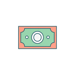 Minimalist icon of a stylized banknote with a green center and coral border on a white background, representing money or currency in a simple graphic style