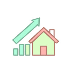 Illustration of a house with a rising bar chart and upward arrow, symbolizing increasing property value or real estate market growth