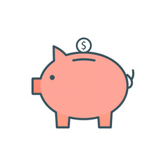 Pink piggy bank with a dollar coin being inserted, symbolizing saving money or financial security in a simple, minimalist style on a white background