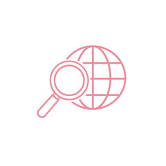 A pink magnifying glass icon overlapping a globe with latitude and longitude lines on a white background, symbolizing global search or internet exploration