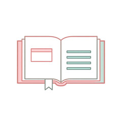 Minimalist illustration of an open book with a bookmark, featuring simple lines and soft pastel colors on a white background