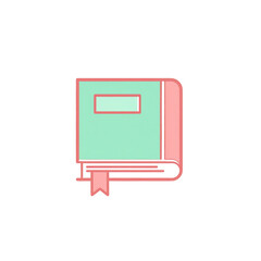 A pastel-colored illustration of a closed book with a bookmark, featuring a mint green cover and pink spine, set against a plain white background