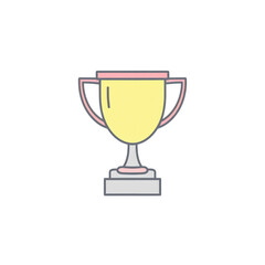 Simple illustration of a yellow trophy with pink handles and base accents on a white background, symbolizing achievement and success