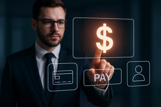 Digital payment interaction with businessman using touchscreen interface to make transaction