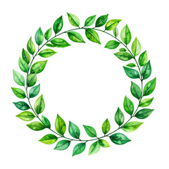 Watercolor wreath made of green leaves arranged in a circular pattern on a white background, showcasing natural and fresh botanical design