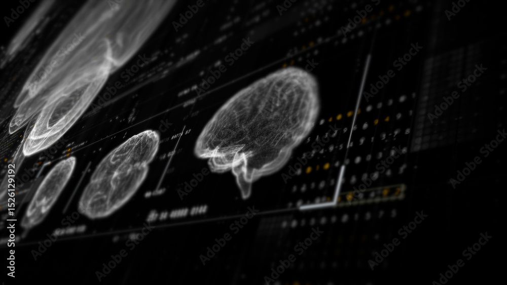 Aufkleber Futuristic biomedical concept featuring advanced holographic scanning technology performing detailed brain neuron pathology and diagnostic analysis. High-tech medical visualizing neural network