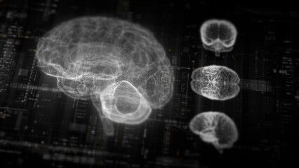 Futuristic biomedical concept featuring advanced holographic scanning technology performing detailed brain neuron pathology and diagnostic analysis. High-tech medical visualizing neural network