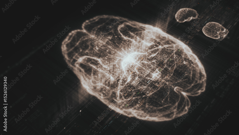 Aufkleber Futuristic biomedical concept featuring advanced holographic scanning technology performing detailed brain neuron pathology and diagnostic analysis. High-tech medical visualizing neural network