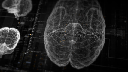 Futuristic biomedical concept featuring advanced holographic scanning technology performing detailed brain neuron pathology and diagnostic analysis. High-tech medical visualizing neural network