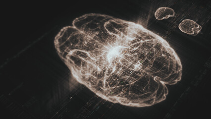 Futuristic biomedical concept featuring advanced holographic scanning technology performing detailed brain neuron pathology and diagnostic analysis. High-tech medical visualizing neural network