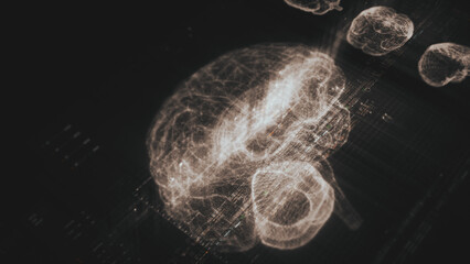 Futuristic biomedical concept featuring advanced holographic scanning technology performing detailed brain neuron pathology and diagnostic analysis. High-tech medical visualizing neural network